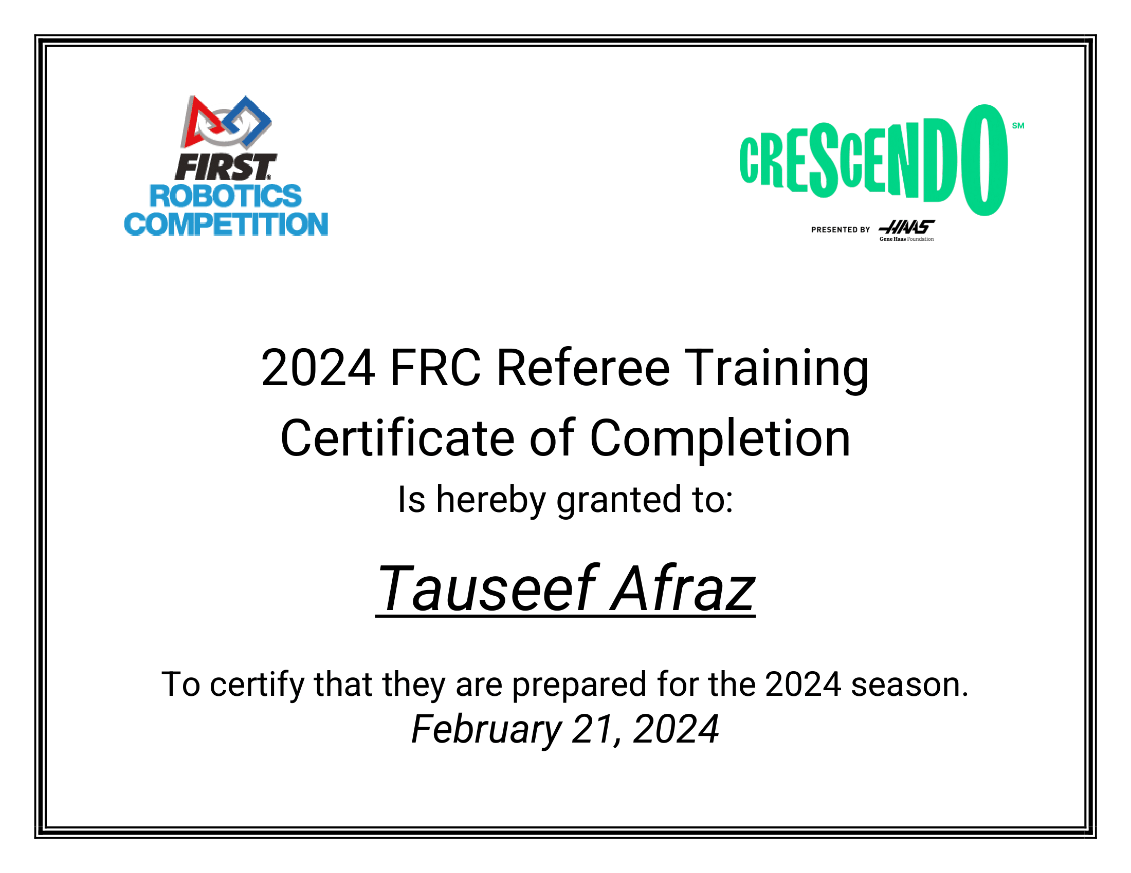 2024 FRC Referee Training completion certificate